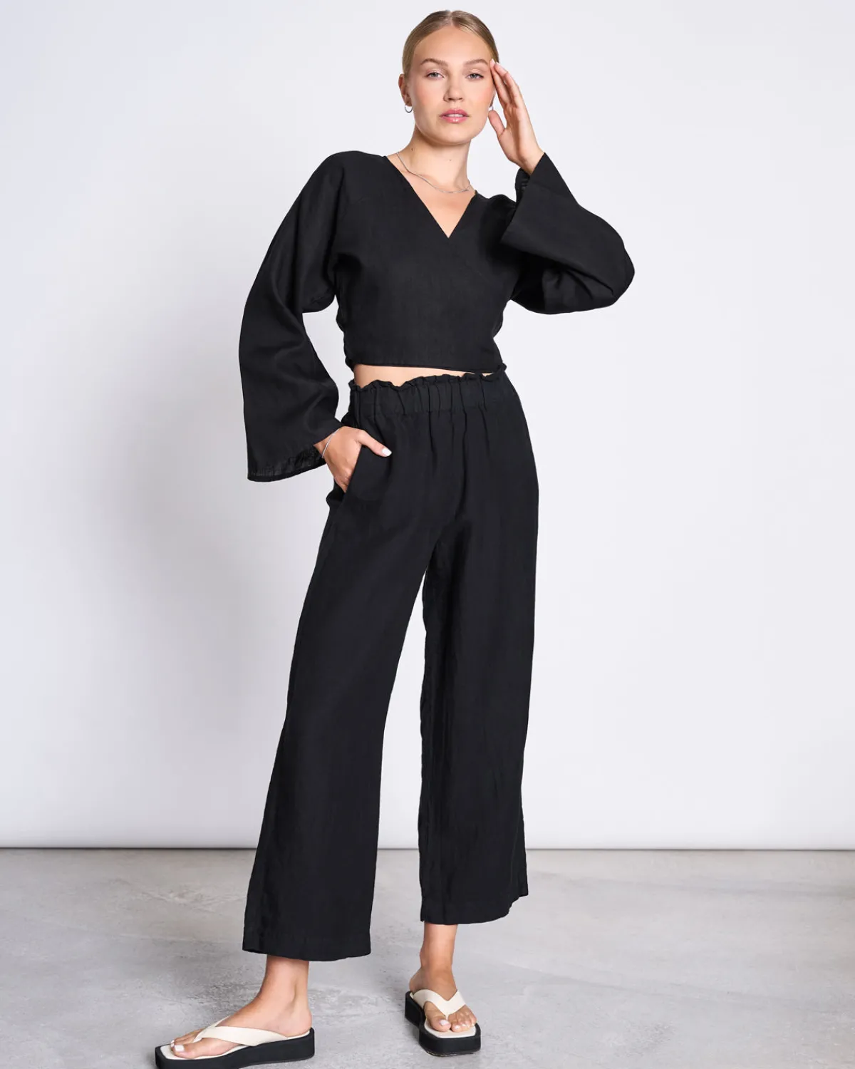 Shop JAN 'N JUNE LINEN WRAP BLOUSE RORA BLACK